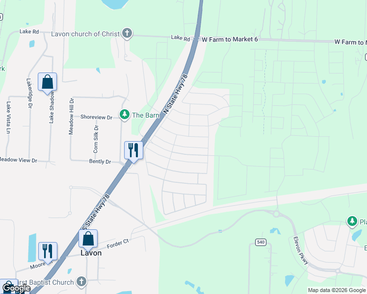 map of restaurants, bars, coffee shops, grocery stores, and more near 226 Brookview Drive in Lavon