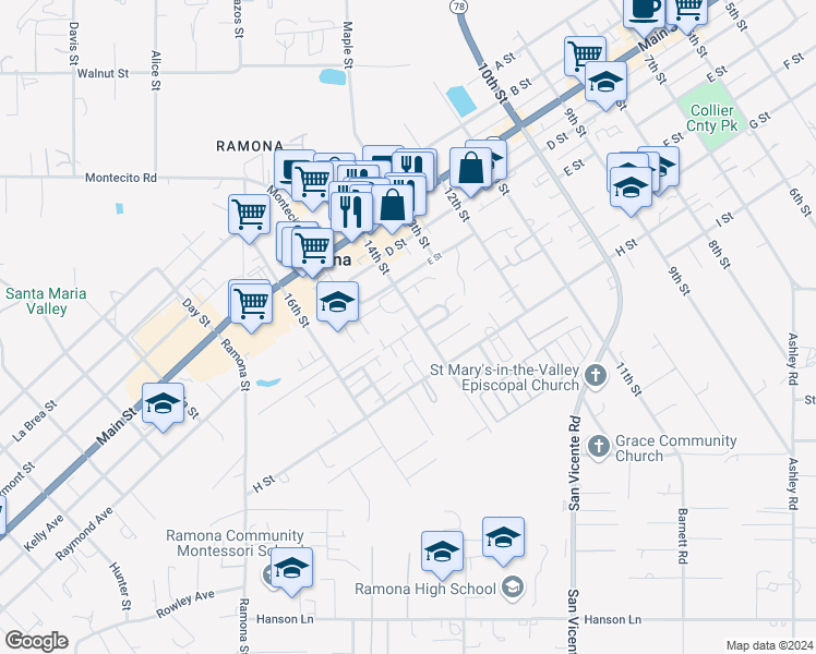 map of restaurants, bars, coffee shops, grocery stores, and more near 1407 Realty Road in Ramona