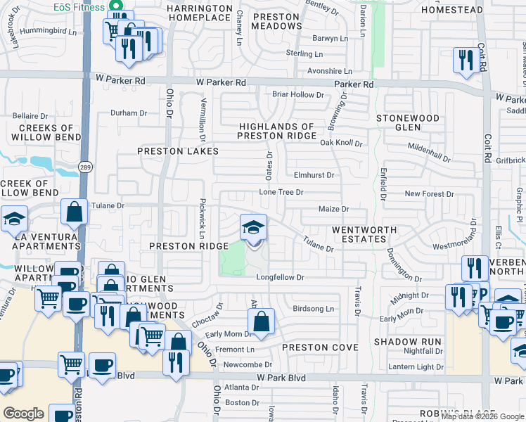 map of restaurants, bars, coffee shops, grocery stores, and more near 2716 Oates Drive in Plano