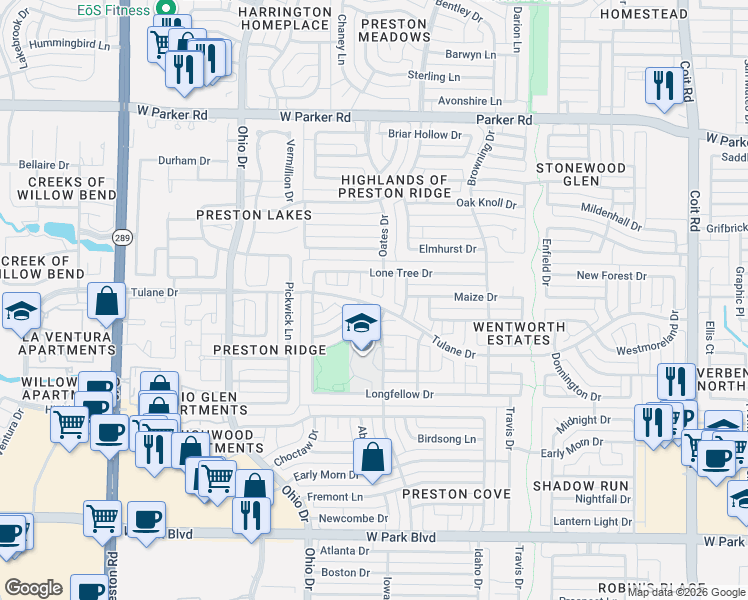 map of restaurants, bars, coffee shops, grocery stores, and more near 2716 Oates Drive in Plano