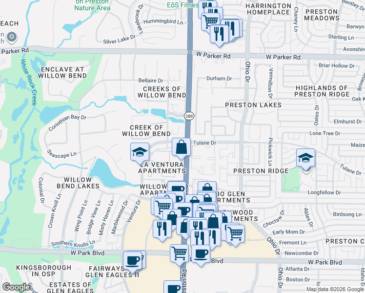 map of restaurants, bars, coffee shops, grocery stores, and more near 2601 Preston Road in Plano