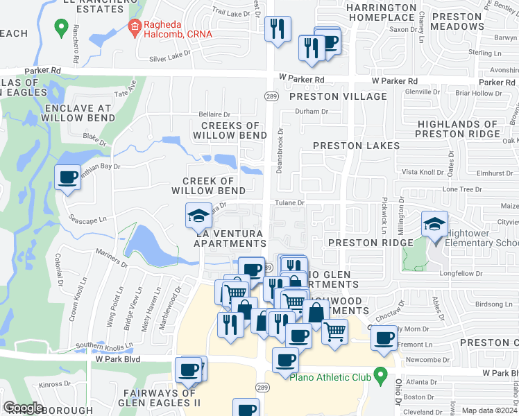 map of restaurants, bars, coffee shops, grocery stores, and more near 2811 Preston Road in Plano