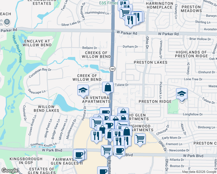 map of restaurants, bars, coffee shops, grocery stores, and more near 2811 Preston Road in Plano