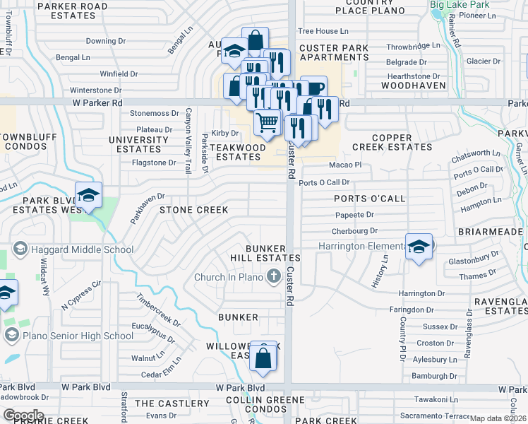 map of restaurants, bars, coffee shops, grocery stores, and more near 2121 Stone Creek Drive in Plano