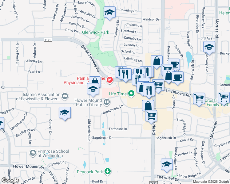 map of restaurants, bars, coffee shops, grocery stores, and more near 2925 Cross Timbers Road in Flower Mound
