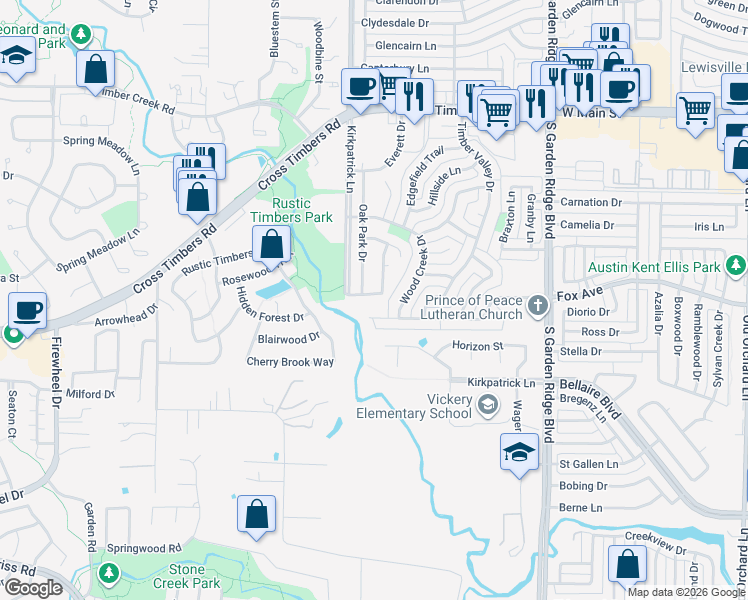 map of restaurants, bars, coffee shops, grocery stores, and more near 3804 Oak Park Drive in Flower Mound
