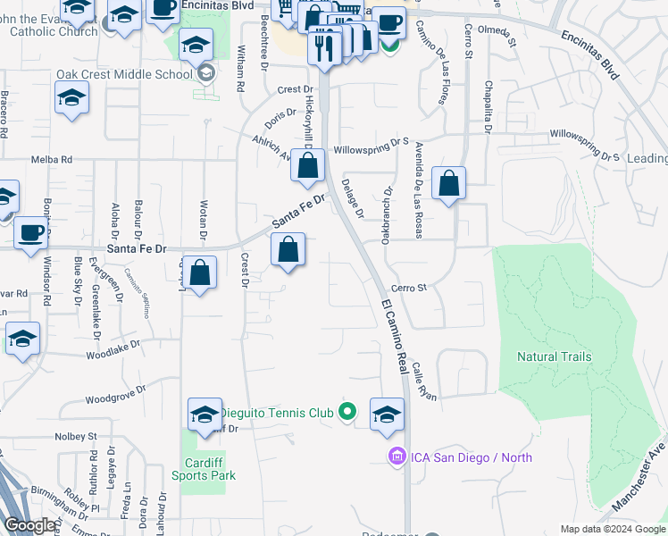 map of restaurants, bars, coffee shops, grocery stores, and more near 1403 Walnutcreek Drive in Encinitas