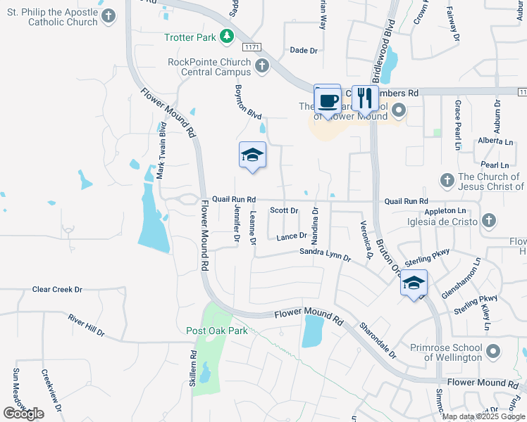map of restaurants, bars, coffee shops, grocery stores, and more near 4512 Scott Drive in Flower Mound