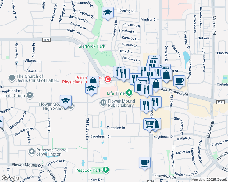 map of restaurants, bars, coffee shops, grocery stores, and more near 2925 Cross Timbers Road in Flower Mound