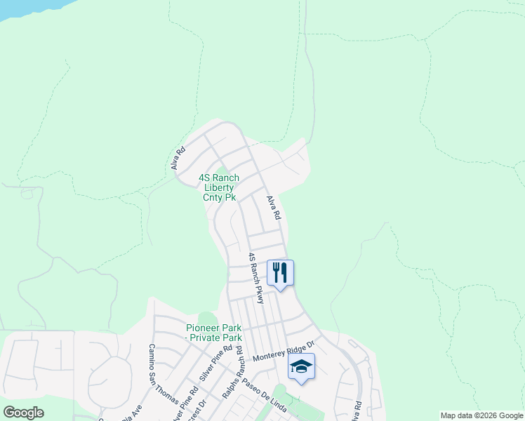 map of restaurants, bars, coffee shops, grocery stores, and more near 17541 Black Granite Drive in San Diego