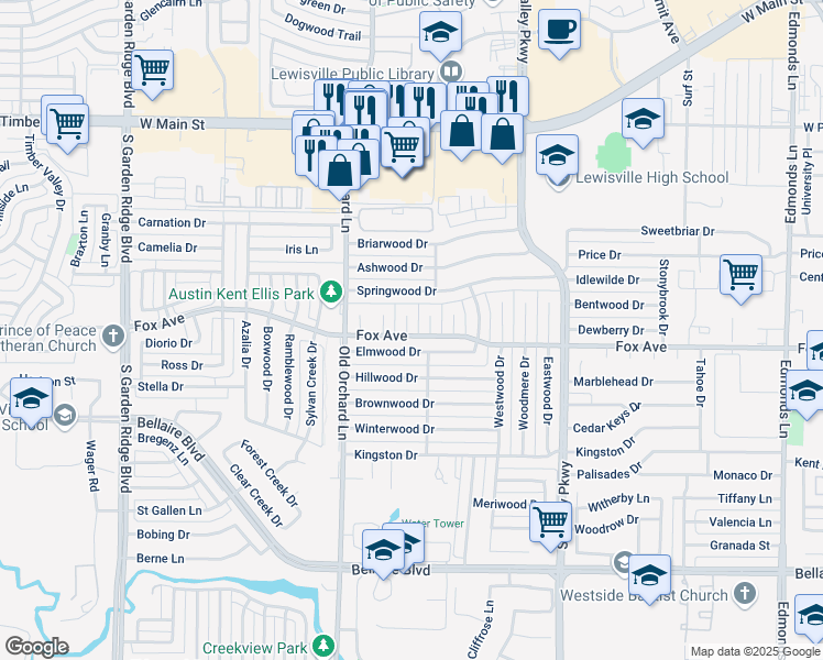 map of restaurants, bars, coffee shops, grocery stores, and more near 101 Janwood Place in Lewisville