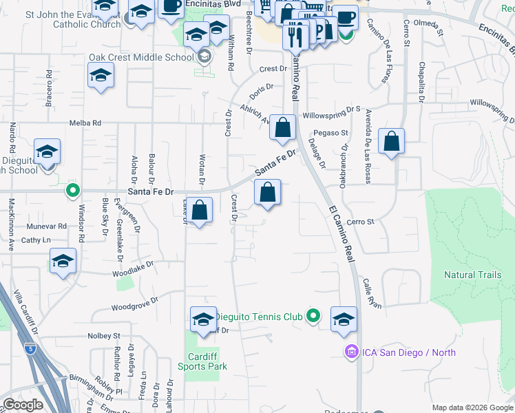 map of restaurants, bars, coffee shops, grocery stores, and more near 1243 Crest Drive in Encinitas