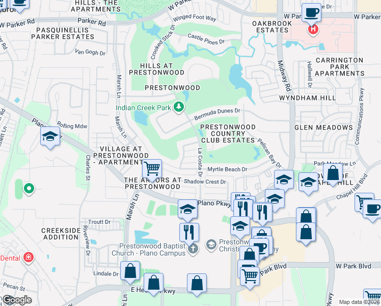map of restaurants, bars, coffee shops, grocery stores, and more near 6724 Pebble Beach Drive in Plano