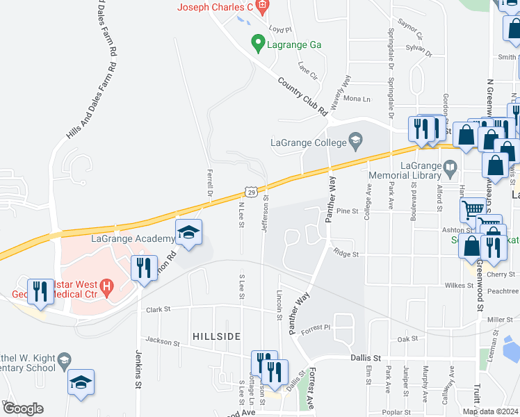 map of restaurants, bars, coffee shops, grocery stores, and more near 202 Jefferson Street in LaGrange