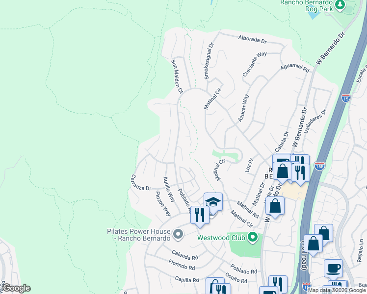 map of restaurants, bars, coffee shops, grocery stores, and more near 17831 Weaving Lane in San Diego