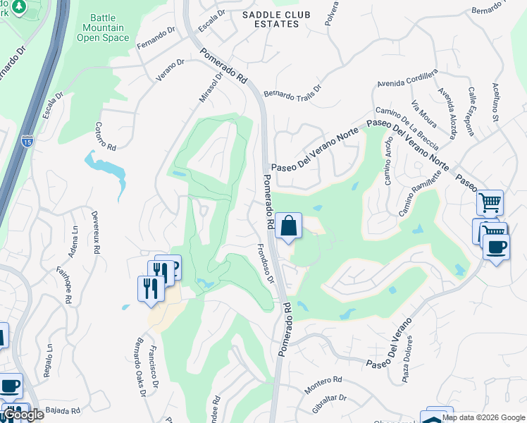 map of restaurants, bars, coffee shops, grocery stores, and more near 17711 Pomerado Road in San Diego