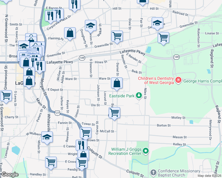 map of restaurants, bars, coffee shops, grocery stores, and more near 119 Burr Street in LaGrange