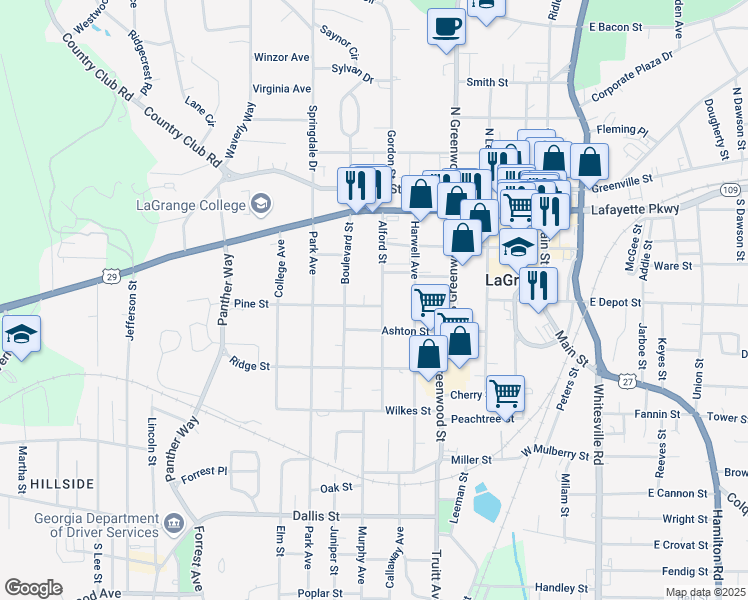 map of restaurants, bars, coffee shops, grocery stores, and more near 305 Alford Street in LaGrange