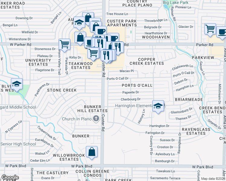 map of restaurants, bars, coffee shops, grocery stores, and more near 2012 Tampico Drive in Plano