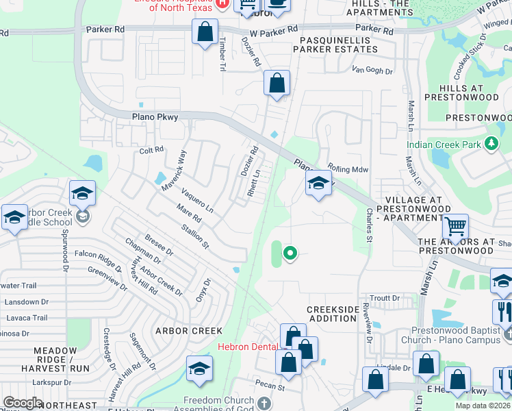 map of restaurants, bars, coffee shops, grocery stores, and more near 4650 Rhett Lane in Carrollton