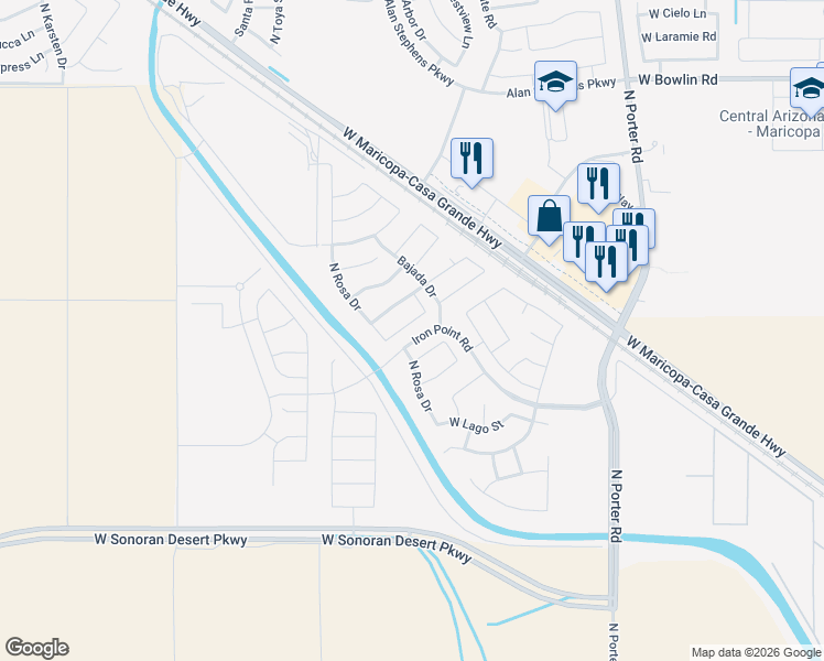 map of restaurants, bars, coffee shops, grocery stores, and more near 42249 West Lunar Street in Maricopa