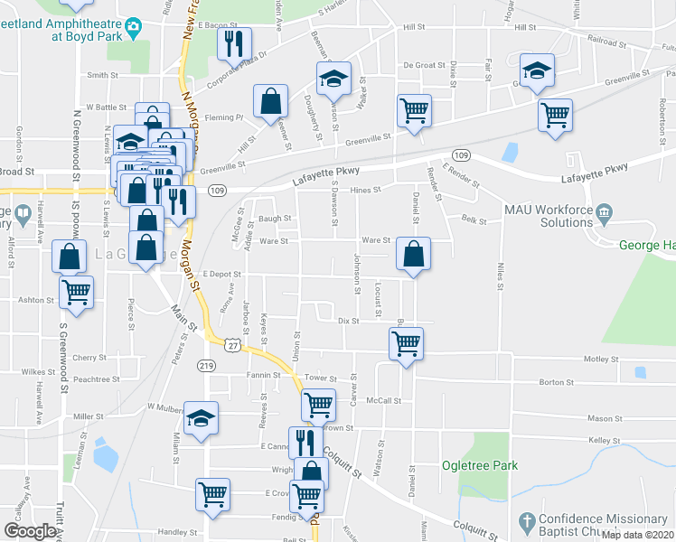 map of restaurants, bars, coffee shops, grocery stores, and more near 104 Wesley Way in LaGrange