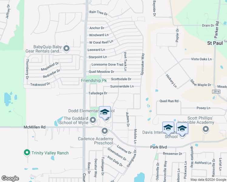 map of restaurants, bars, coffee shops, grocery stores, and more near 1404 Talladega Drive in Wylie