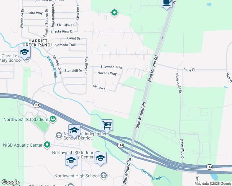 map of restaurants, bars, coffee shops, grocery stores, and more near 16100 Shawnee Trail in Justin
