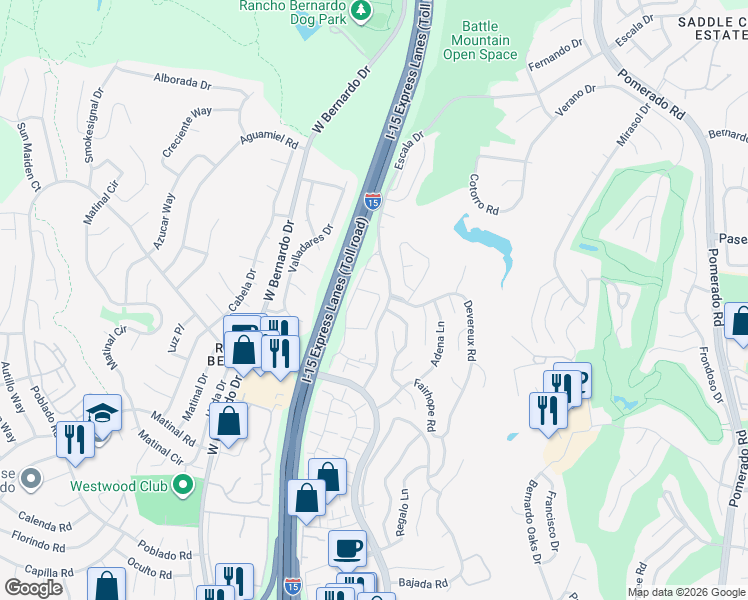 map of restaurants, bars, coffee shops, grocery stores, and more near 17965 Caminito Pinero in San Diego