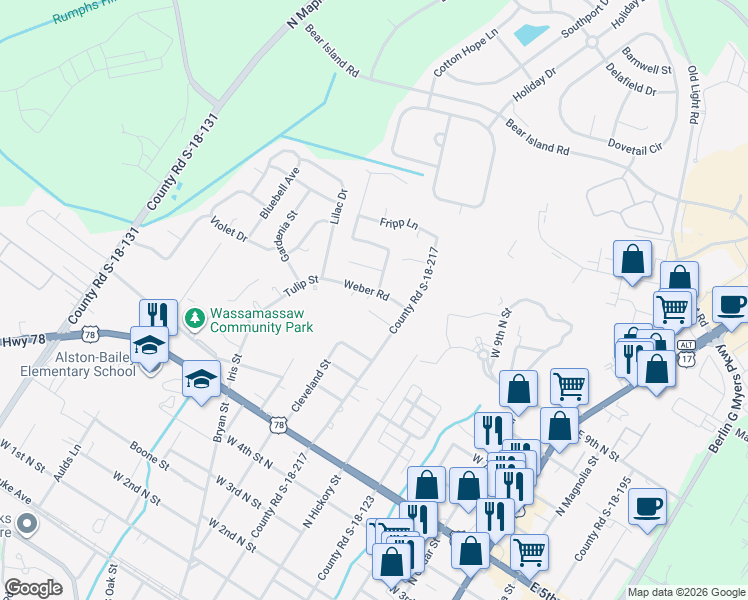 map of restaurants, bars, coffee shops, grocery stores, and more near 200 Weber Road in Summerville