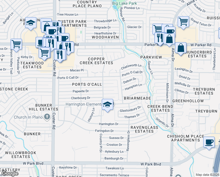 map of restaurants, bars, coffee shops, grocery stores, and more near 1536 Tampico Drive in Plano