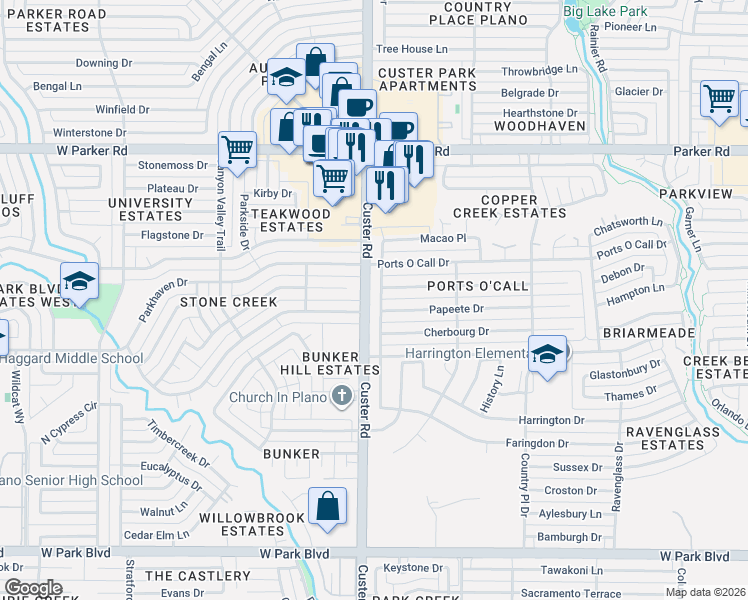 map of restaurants, bars, coffee shops, grocery stores, and more near 2100 Heather Hill Lane in Plano