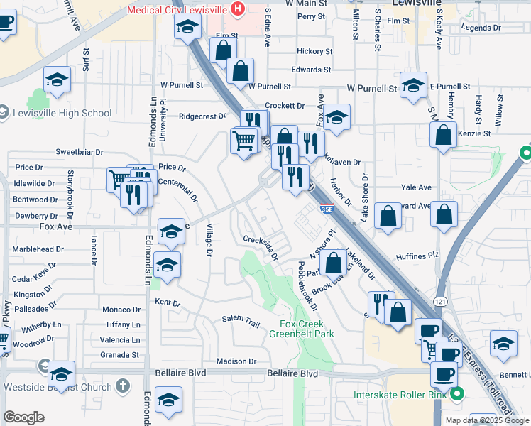 map of restaurants, bars, coffee shops, grocery stores, and more near 696 Fox Avenue in Lewisville