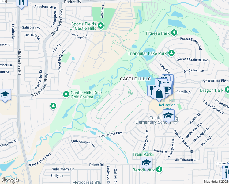 map of restaurants, bars, coffee shops, grocery stores, and more near 2509 Silver Table Drive in Lewisville
