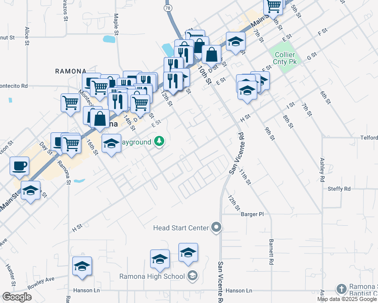 map of restaurants, bars, coffee shops, grocery stores, and more near 1227 H Street in Ramona