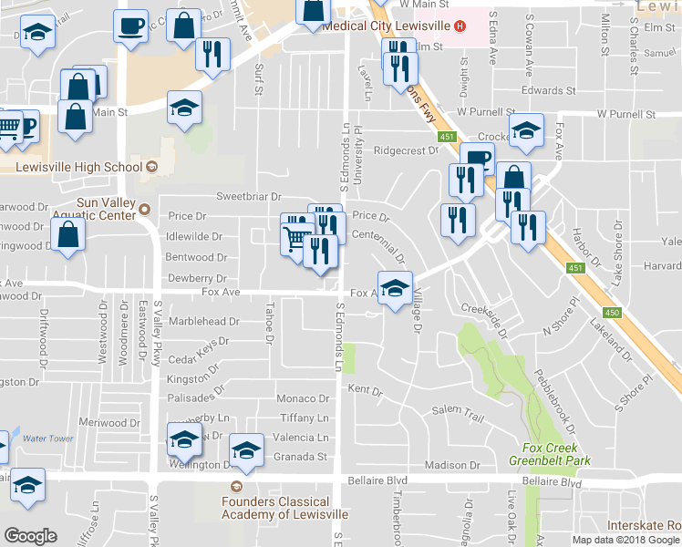 map of restaurants, bars, coffee shops, grocery stores, and more near 1016 South Edmonds Lane in Lewisville