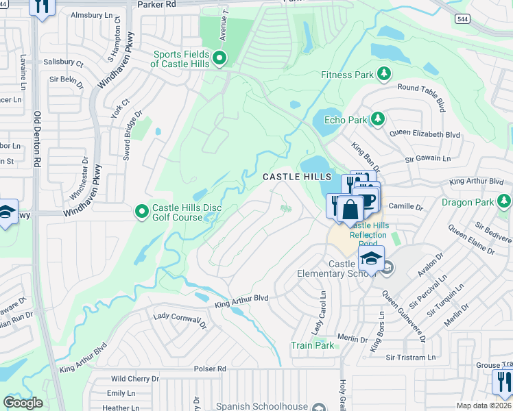 map of restaurants, bars, coffee shops, grocery stores, and more near 2509 Silver Table Drive in Lewisville