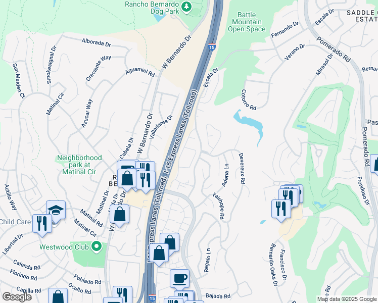 map of restaurants, bars, coffee shops, grocery stores, and more near 17965 Caminito Pinero in San Diego