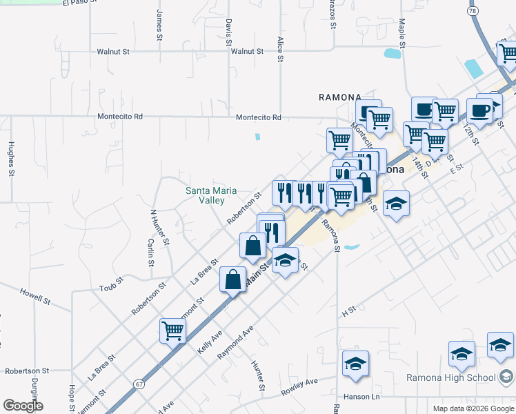 map of restaurants, bars, coffee shops, grocery stores, and more near 121 VILLAGE WALK WAY in Ramona