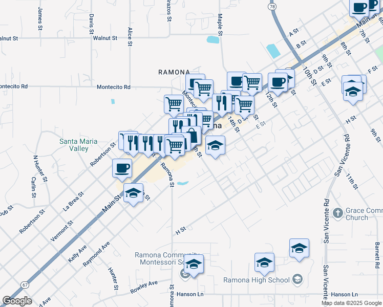map of restaurants, bars, coffee shops, grocery stores, and more near 1650 Main Street in Ramona