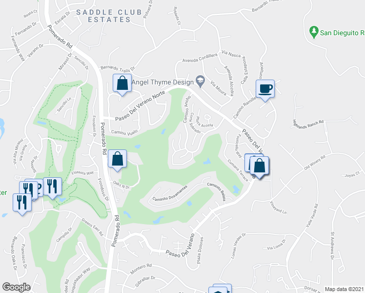 map of restaurants, bars, coffee shops, grocery stores, and more near 17604 Camino Ancho in San Diego