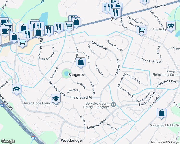 map of restaurants, bars, coffee shops, grocery stores, and more near 1232 Hampton Drive in Summerville
