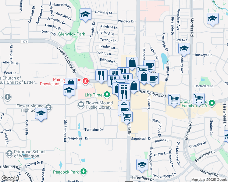 map of restaurants, bars, coffee shops, grocery stores, and more near 2851 Cross Timbers Rd in Flower Mound
