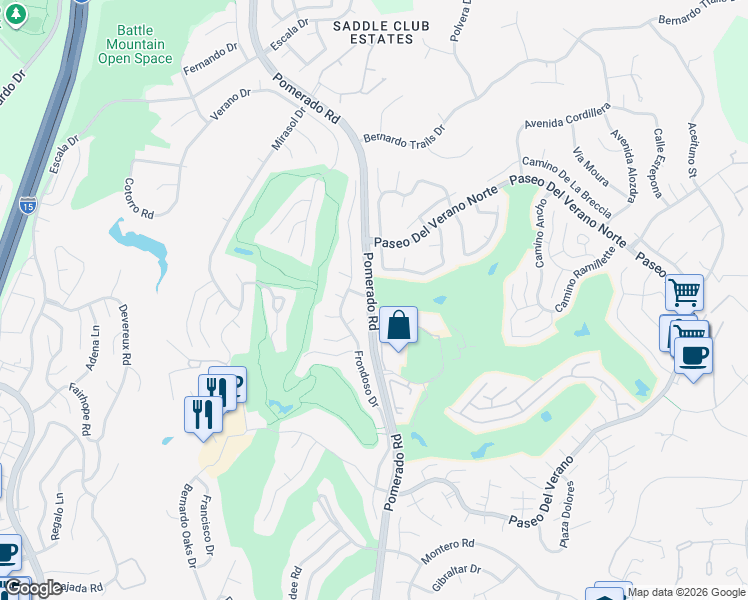 map of restaurants, bars, coffee shops, grocery stores, and more near 17711 Pomerado Road in San Diego