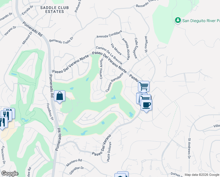 map of restaurants, bars, coffee shops, grocery stores, and more near 12843 Camino Ramillette in San Diego