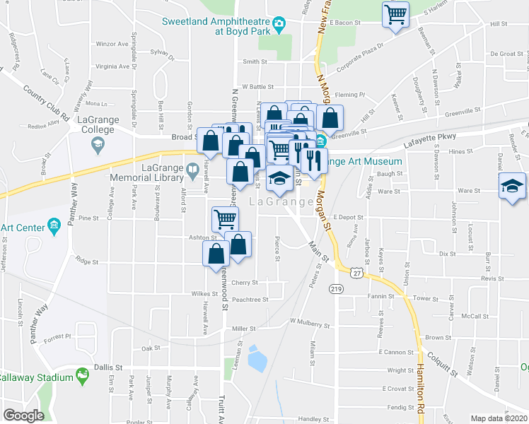 map of restaurants, bars, coffee shops, grocery stores, and more near 313 South Lewis Street in LaGrange