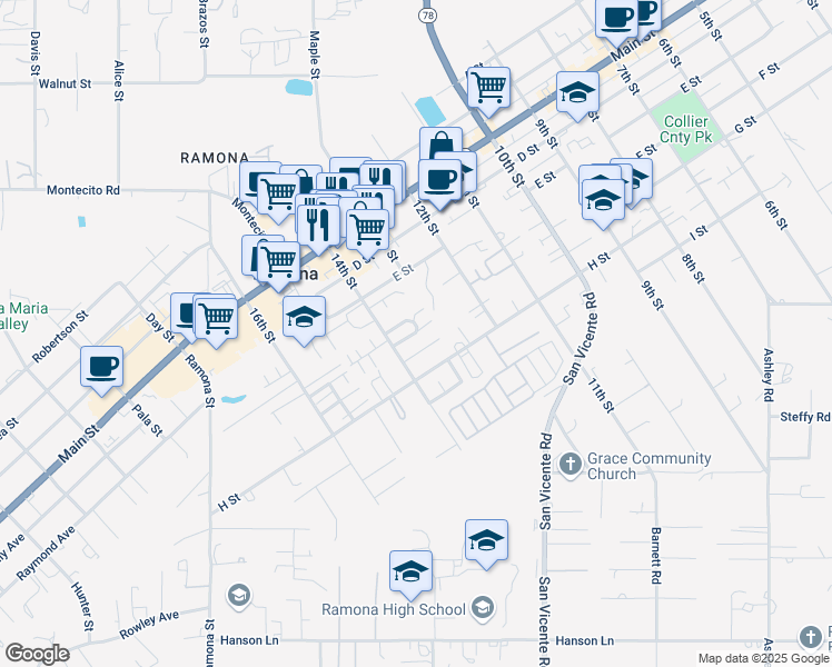 map of restaurants, bars, coffee shops, grocery stores, and more near 589 Tag Lane in Ramona