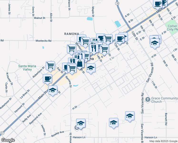 map of restaurants, bars, coffee shops, grocery stores, and more near 411 14th Street in Ramona
