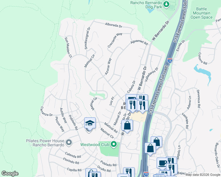 map of restaurants, bars, coffee shops, grocery stores, and more near 11389 Duenda Road in San Diego