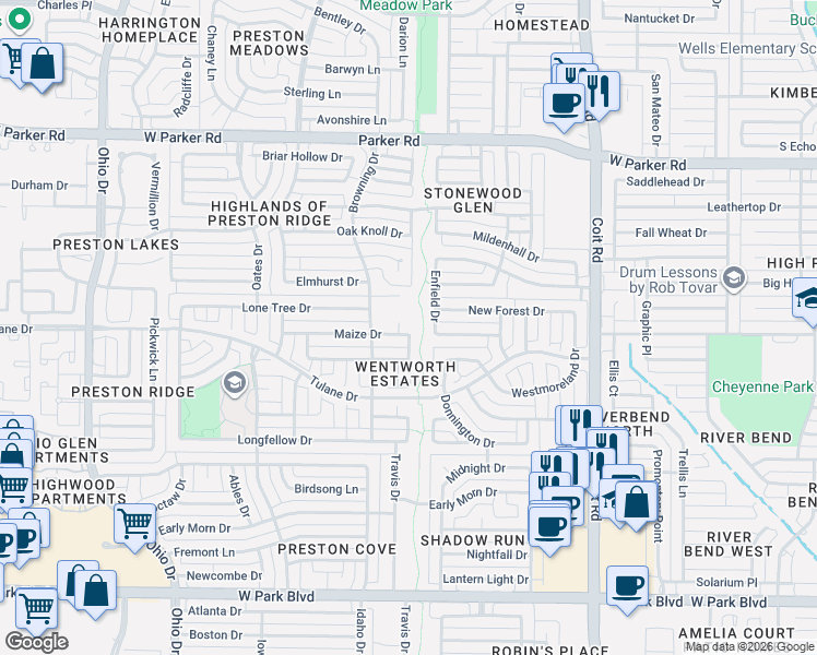 map of restaurants, bars, coffee shops, grocery stores, and more near 4301 Maize Drive in Plano